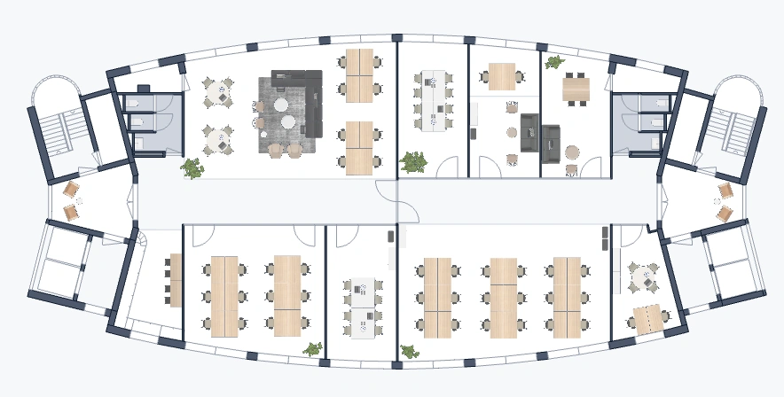Plattegrond van een kantoorruimte in Rivium Quadrant met werkplekken, vergaderruimtes, loungegedeeltes en sanitaire voorzieningen.